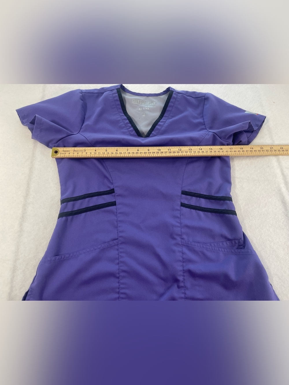 Grey’s Anatomy Barco Active Scrub Top Womens XS Purple Navy V Neck Medical Nurse - Picture 3 of 6